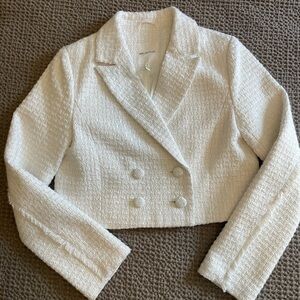Avec Les Filles White Tweed Double-Breasted Cropped Blazer